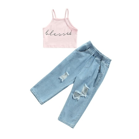 

Toddler Girls Clothes Blessed Crop Tops for Girls+ Girls Jeans Pants with Pockets 2PCS Girl Outfits Set (Black 2-7T)