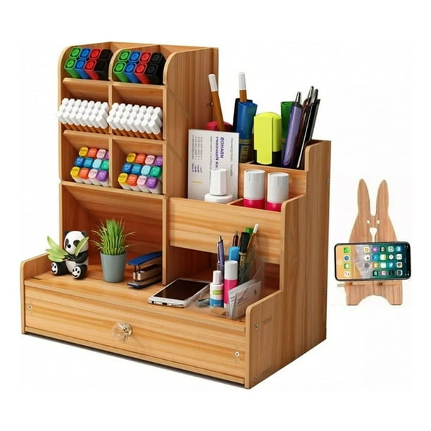 Organizador de escritorio de madera estable con cajón 24,5 x 15 x 25,4 cm