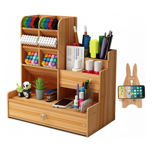 Organizador de escritorio de madera estable con cajón 24,5 x 15 x 25,4 cm