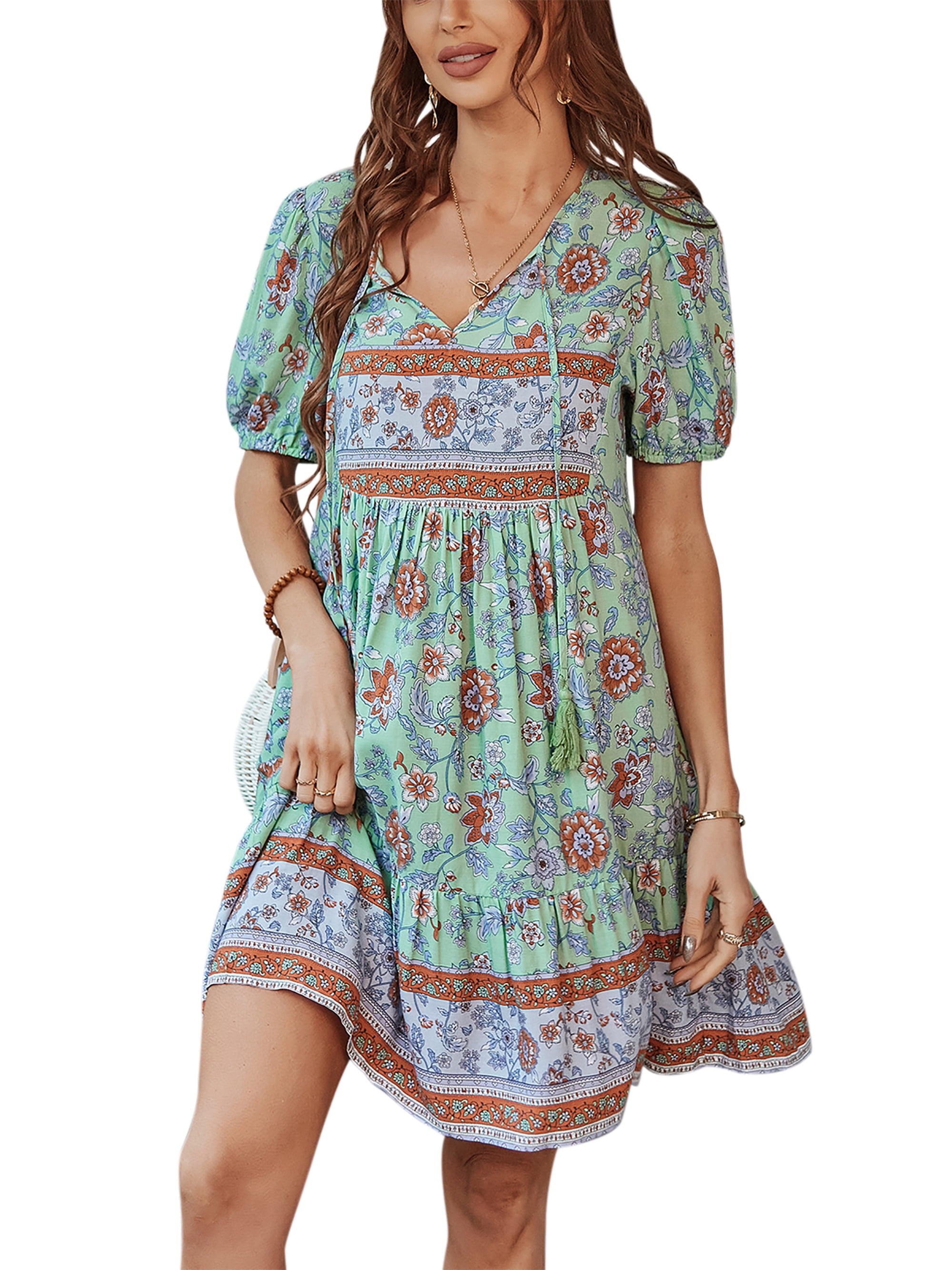 TEMOFON Bohemian Dress for Women Summer Floral Print Dress Casual V ...