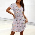 thumbnail image 4 of Dresses for Women Deep V Neck T-Shirt Mini Dresses Fashion Casual Loose Floral Printed Pleated Sundress Beach Vacation Clothes, 4 of 7