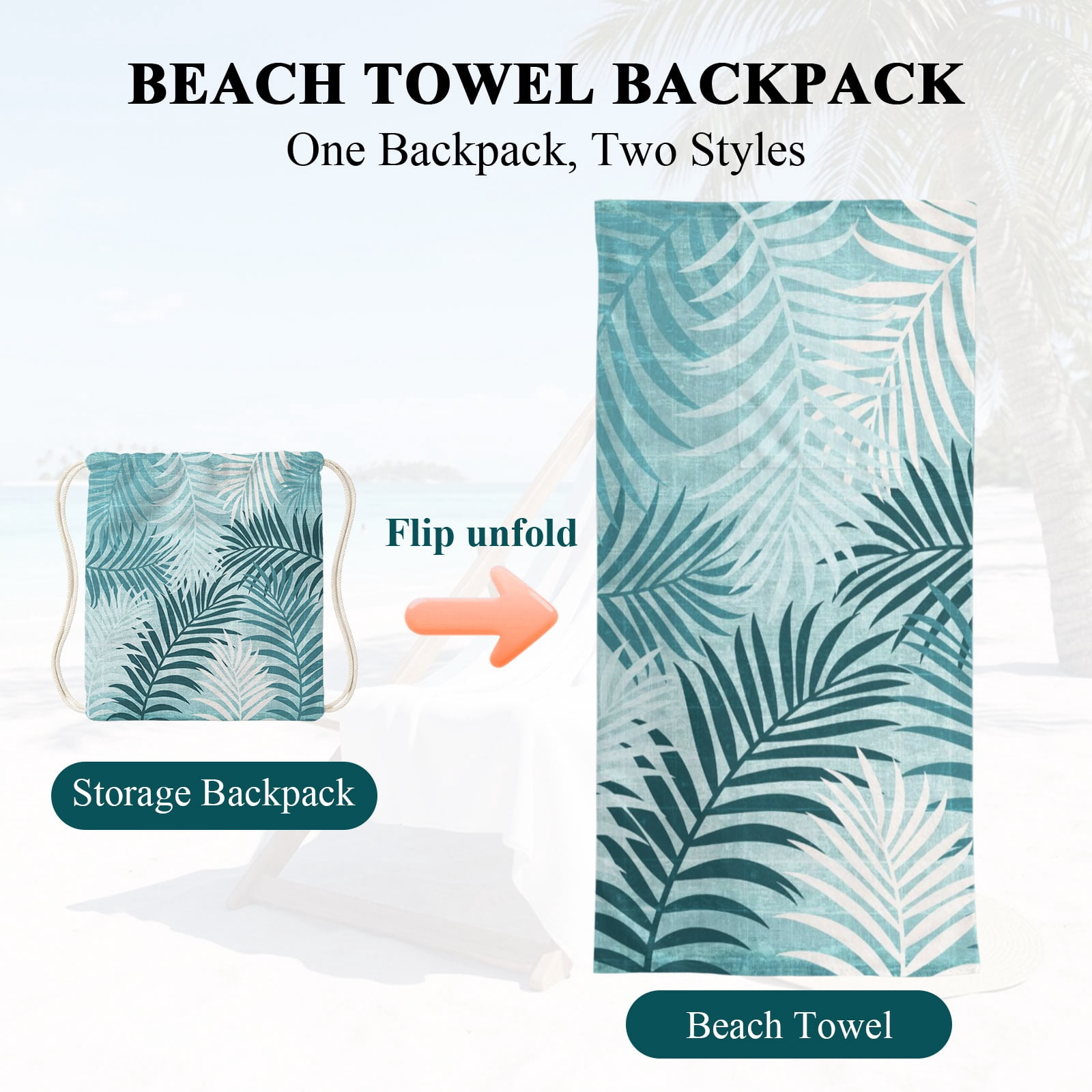 Beach Towel Bag 2 in 1 Turquoise Palm Leaves Bath Pool Towels Backpack Summer Tropical Leaf Plant Absorbent Beach Towel Soft Quick Dry Towels Drawstring Bag for Travel Camping Sports Picnic