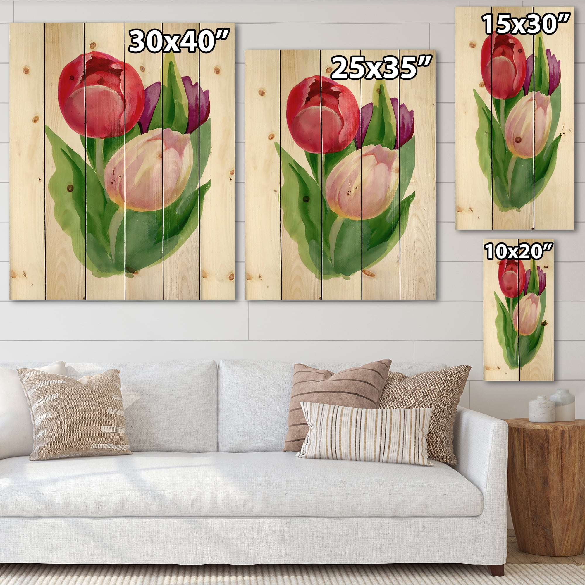 Designart 'Beautiful Tulip Flowers Red and Pink' Traditional Print on Natural Pine Wood