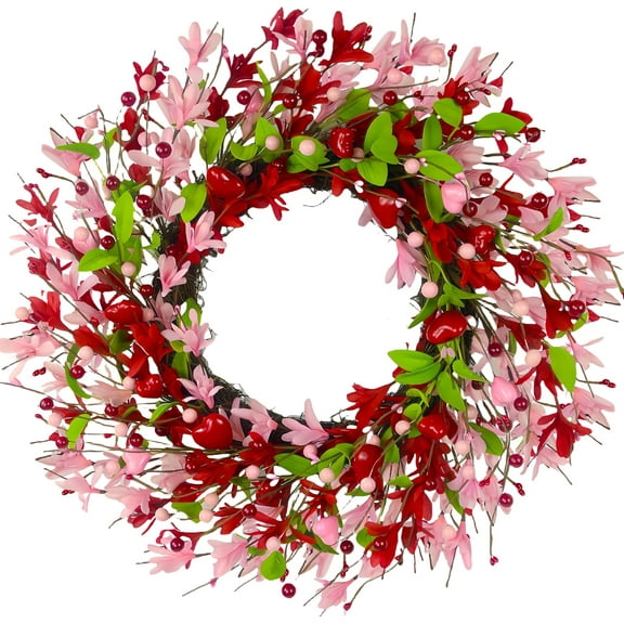 laqbezok 20" Valentine's Day Wreath, Valentines Day Wreaths for Front Door with Pink Forsythia Flowers, Heart Shaped Berries and Green Leaves for Window, Wall and Anniversary Party Decorations