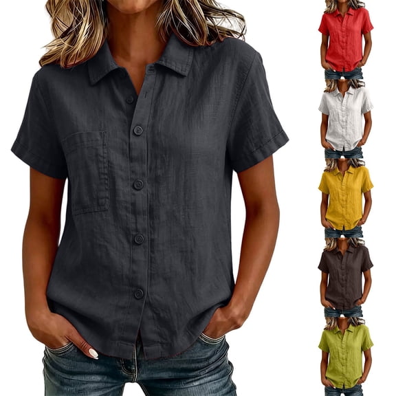 Women's Dress Shirts Causal Button Down Short Sleeve Shirt with Chest Pocket Breathable Linen Blouse for Women