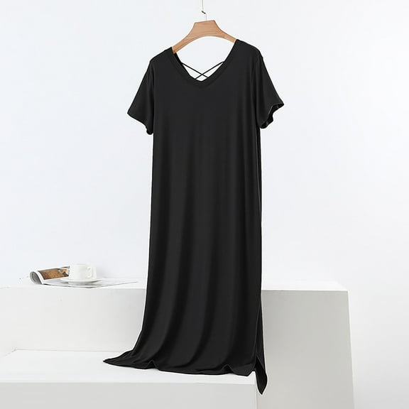 Voncos Women's Maxi Nightgown -Short Sleeves V-Neck Pullover Sleep Dress Side Slit Soft Modal Cotton Blend Breathable Sleepwear for Sleep & Lounging Black L