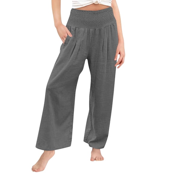 Paiwinds Girls' Smocked High Waist Wide Leg Pants 4-14 Years, Summer Linen-Like Casual Trousers with Pockets, Flowy Breathable Long Pants for Kids, Comfortable Loose Fit for School & Play