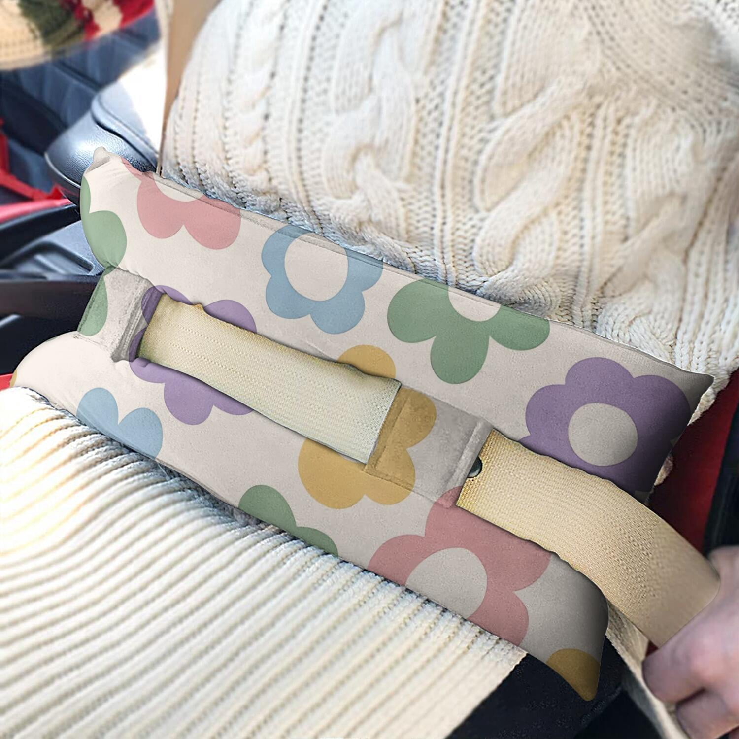Summer Floral Daisy Seatbelt Pillow - Boho Post Surgery Cushion - Universal Fit for All Standard Car Seatbelts