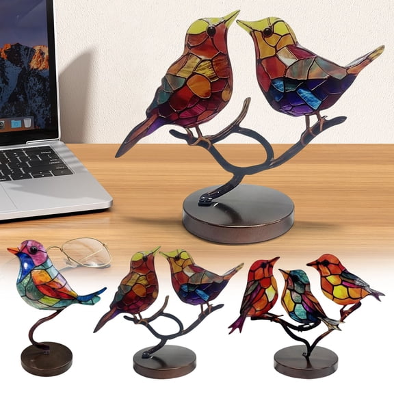 Stained Birds On Branch Metal Birds On A Branch Stained Glass Birds On Branch Desktop Bird Figurines Decorations for Living Room Bird Gifts Bird Decor for Home Colorful Flower Bird Group Decorations