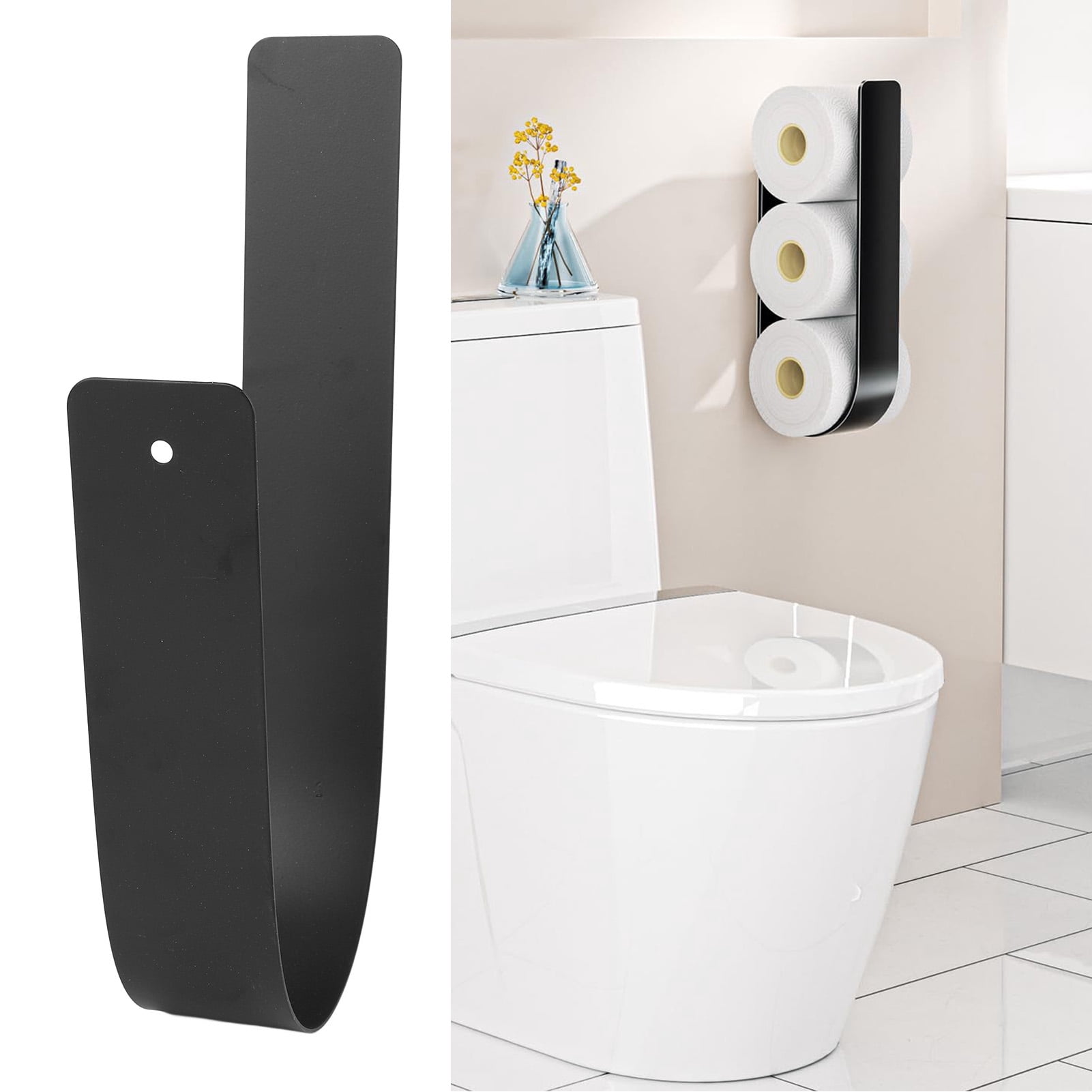 BIMZUC Toilet Paper Storage Wall Mount Iron Space Saving Stylish Look Multifunctional Toilet Paper Holder Stand Organizer For Bathroom Decor No Drilling Required Heavy Duty Metal Rack