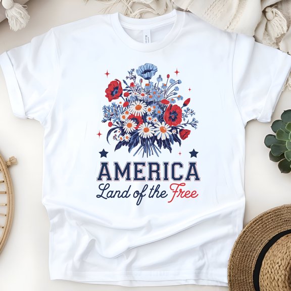America Floral T-Shirt – Land of the Free Patriotic Bouquet Tee, White, Size S