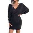 thumbnail image 3 of Sngxgn Women's Dress Deep V-Neck Long Sleeve Waist Tie Ruffle Mini Swing Skater Dresses(Black,S), 3 of 9