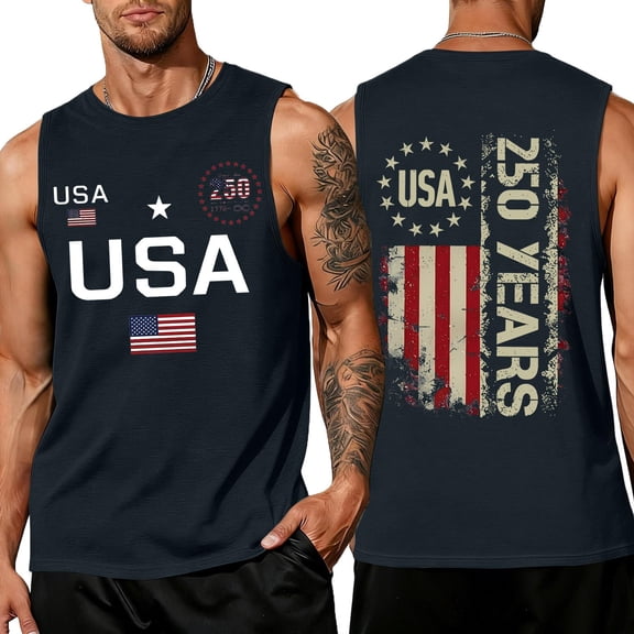 LNZGNM Mens 4th of July Tank Tops Plus Size USA Flag Sleeveless Shirts Muscle Graphic Tank Tops Athletic Outdoor Tee Tops,Navy S