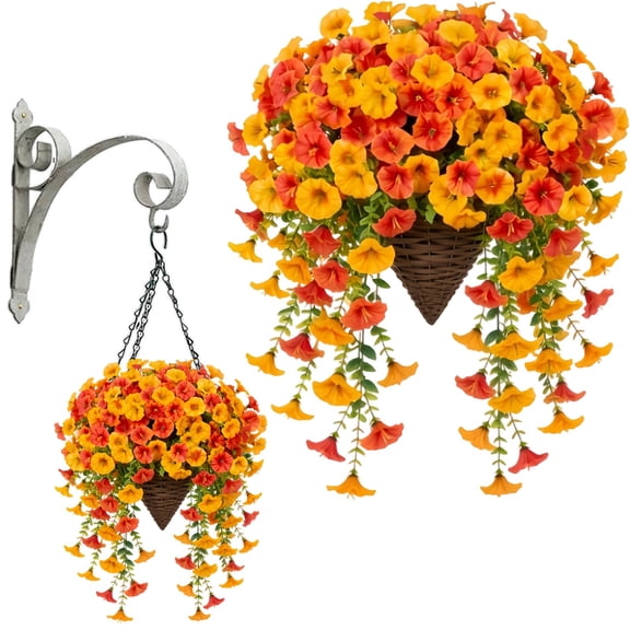 Artificial Fall Morning Glory Hanging Basket, Autumn Trumpet Flower Hanging Planter with Coconut Liner & Metal Chain, Outdoor Fall Porch Decor for Garden Patio Front Door Thanksgiving