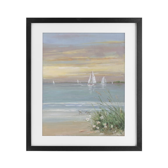 Stupell Industries Coastal Sailboats Beyond Sandy Shore Black Framed Print Under Glass, 13 x 16, by Sally Swatland
