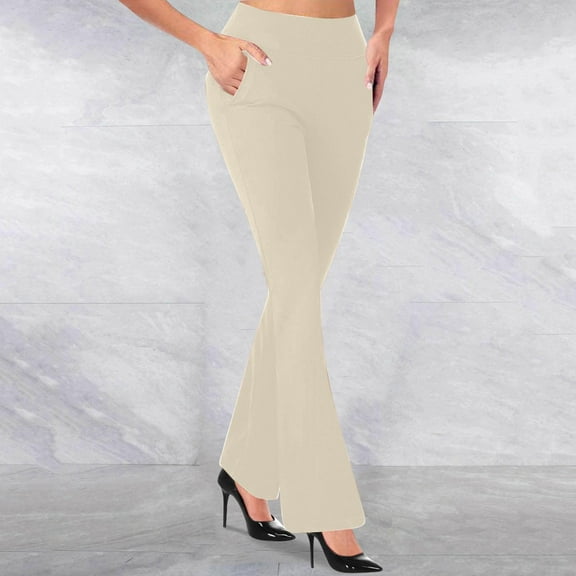 Women's Solid Color Knit Flared Pants, Stretchy Straight Leg Dress Pants with Pockets, Slim Fit Trousers for Work Business and Office Appropriate Professional Settings Beige L