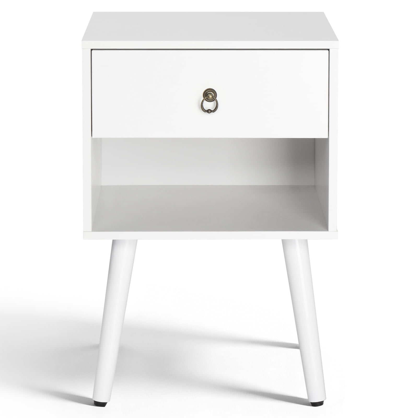 Bedside Table, White P2 Particleboard With Solid Wood Legs, Linen-Textured Melamine Finish, And Ring Pull Handle, 38*30*55cm