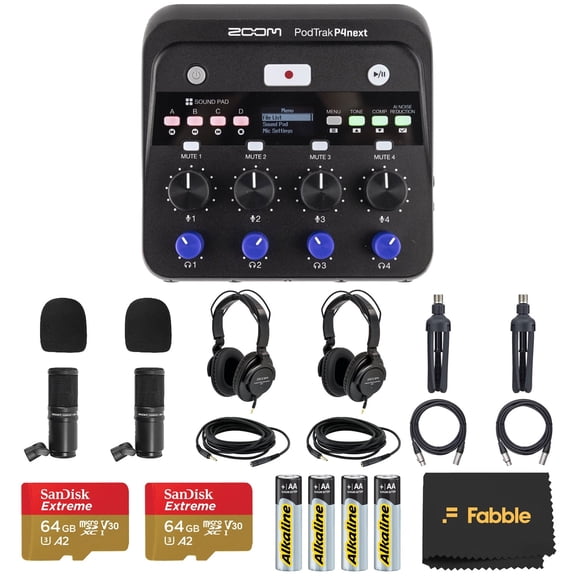 Zoom PodTrak P4next Podcast Recorder Bundle with 2x Zoom ZDM-1 Podcast Microphone Packs, Including Headphones, Windscreens, XLR Cables, 2× 64GB microSDXC Memory Cards, and 4× AA Batteries & White Cha