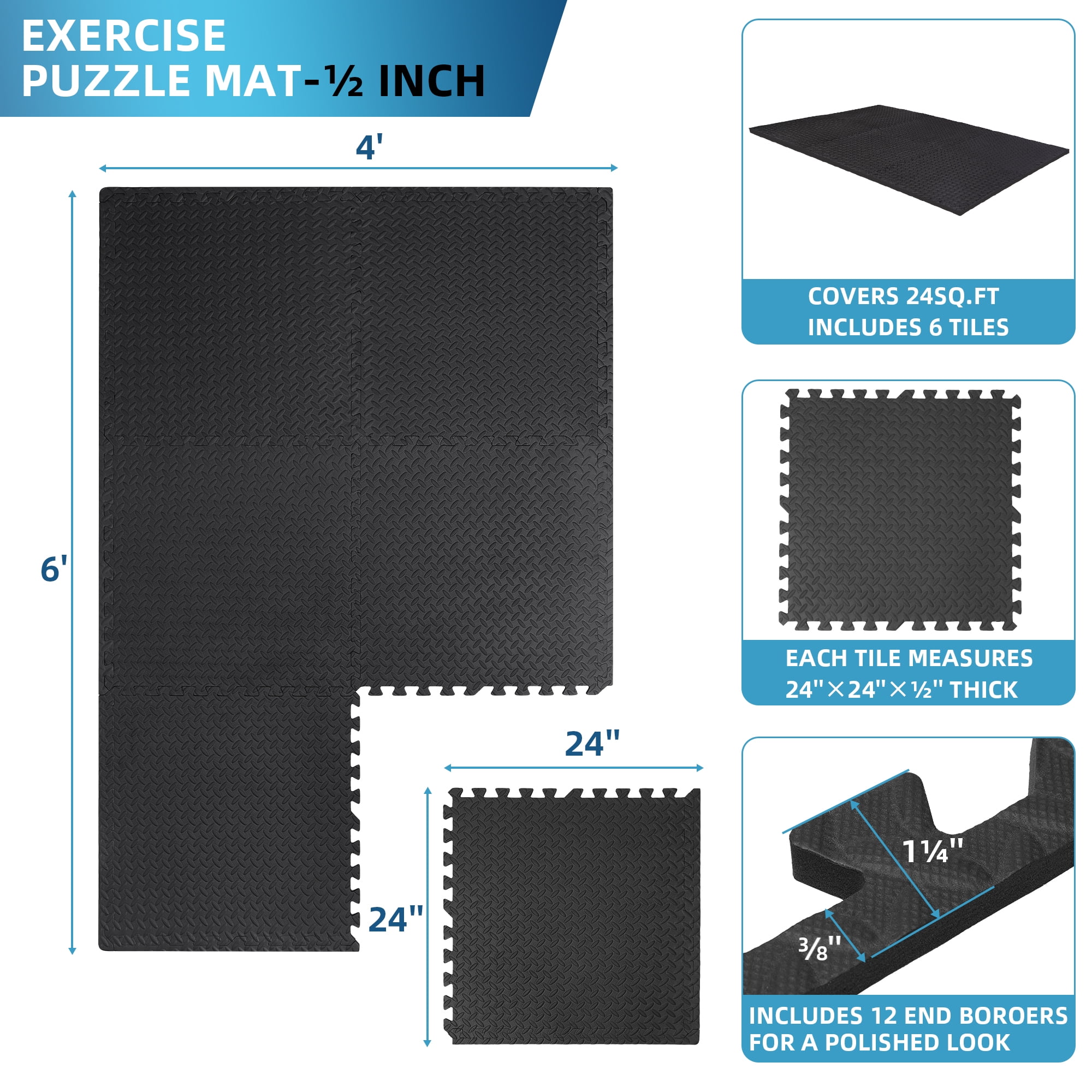 FIXTECH Puzzle Exercise Mat, EVA Interlocking Foam Floor Tiles For Home Gym, Mat For Home Workout Equipment, Floor Padding For Kids，Black, 24 In X 24 In X ½ In, 24 Sq Ft - 6 Tiles