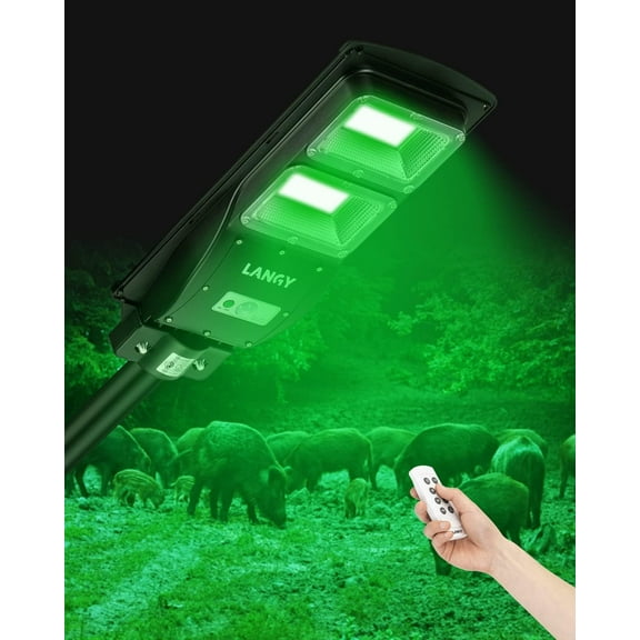 LANGY Hog Hunting Lights, Solar Green Light for Hunting Hogs Deers,Motion Activated Feeder Lights with Remote,19" Bracket is Included