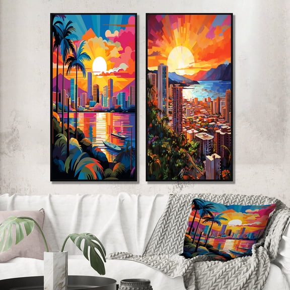 Designart "Pop Art Maui II" Maui Framed Wall Art Set Of 2 - Multi-Color Cityscapes Gallery Wall Frame Set For Home Decor