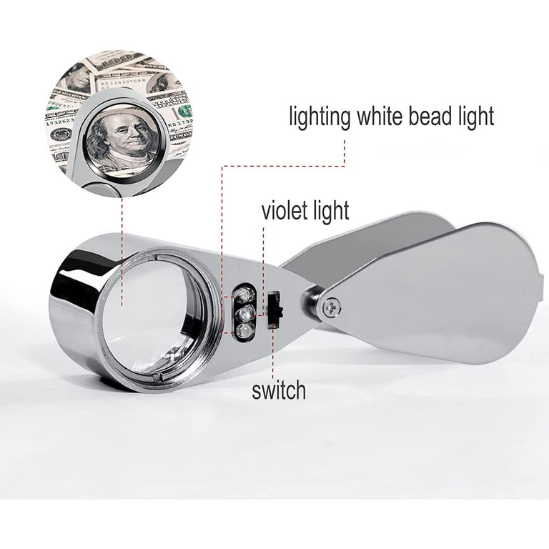 Eye Loupes Magnifier, LED Jewelry Magnifying Glasses Jewelers Loop, 40x Full Metal Best Magnifying Glass Folding UV Illuminated Magnifiers for Rocks
