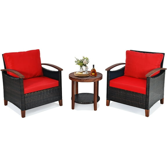 Patiojoy 3-Piece Patio Rattan Bistro Set Acacia Wood Frame Sofa and Side Table Red