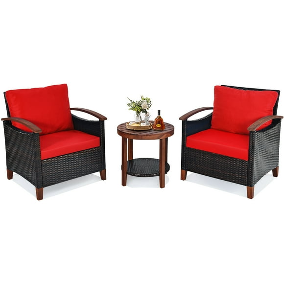 Patiojoy Ensemble Bistro en Rotin pour Patio 3 Pcs Cadre en Bois d'Acacia Sofa et Table d'Appoint Rouge