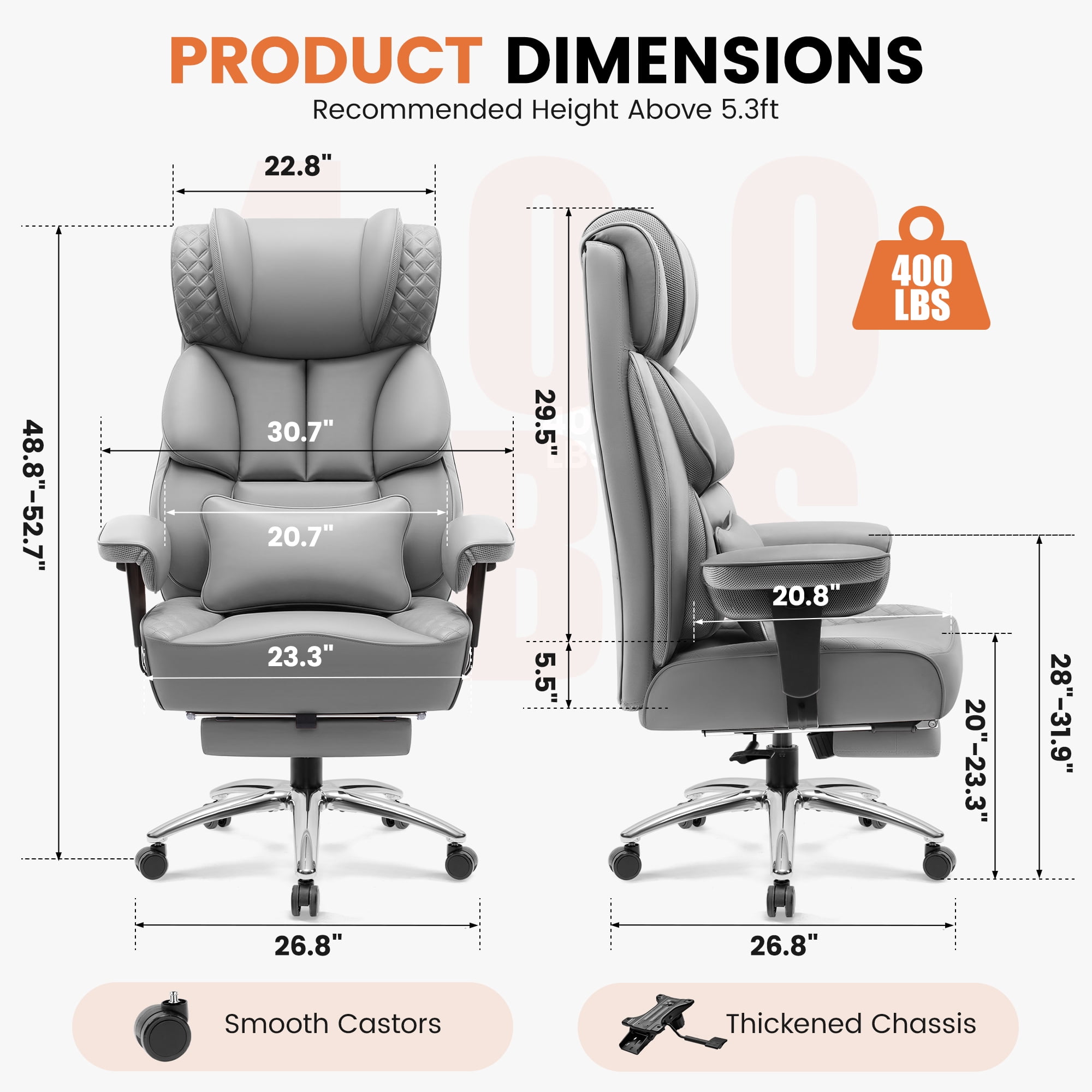 CoolHut Big and Tall Office Chair 400LBS, Adjustable Headrest Ergonomic Computer Desk Chair, Executive Leather Chair with Adjustable Armrest, High Back Office Chair Havy Duty Design, Gray