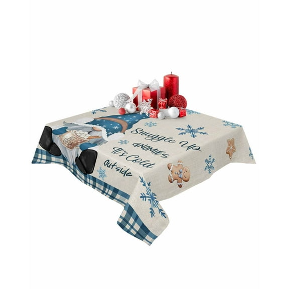 Square Tablecloth 60 x 60 Inches Christmas Winter Cute Gnomes Blue Snowflakes Waterproof & Stain Resistance Table Cloth Decorative Fabric Table Cover for Dinning/Party/Buffet/Banquet
