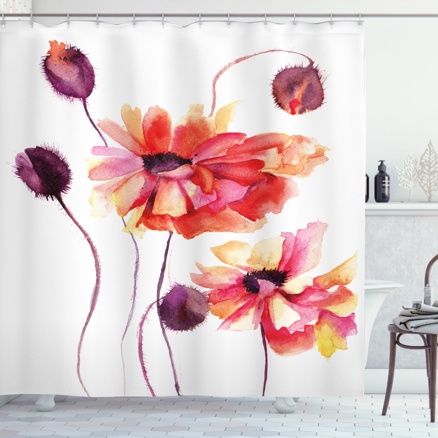 Ambesonne Flower Shower Curtain, Watercolor Poppies Buds, 69"Wx70"L