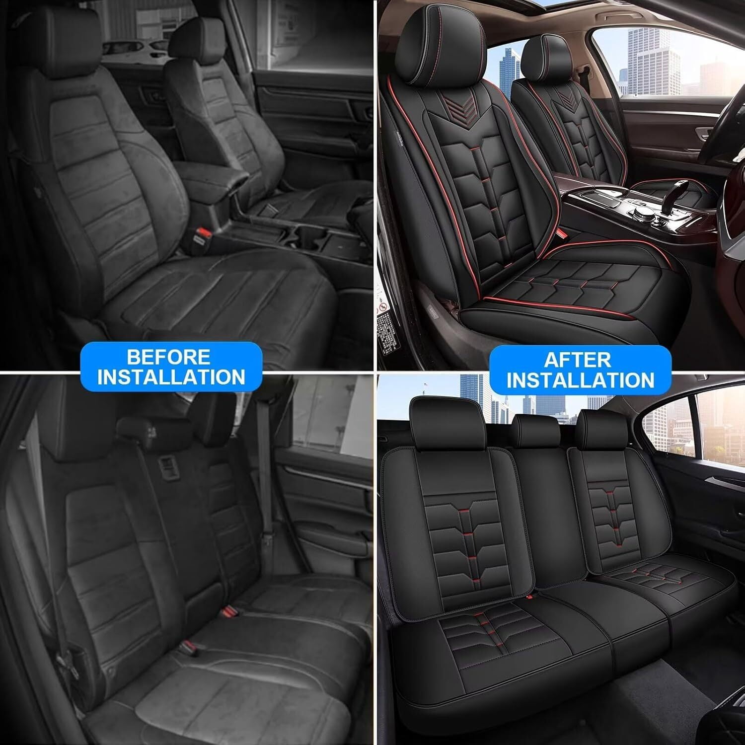 WRWolf Fit for Honda Accord 2003-2017 Seat Covers - Full Set Waterproof Leather Car Seat Covers Compatible Airbag（5 Seat,Black&Redline）