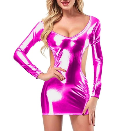 Yuhangmm Women Fashion Solid Sexy Lingerie Gold P Leather Long Seleeve Skirt Submissive Lingerie for Women Leather