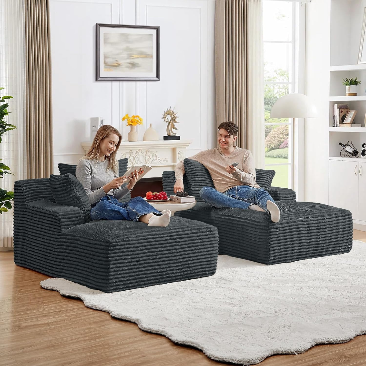 AENKYO Compressible Double Chaise Lounge Sectional Couch - Fluffy Upholstered 2-Seater Loveseat for Living Room, Bedroom, No Assembly Required, Dark Gray