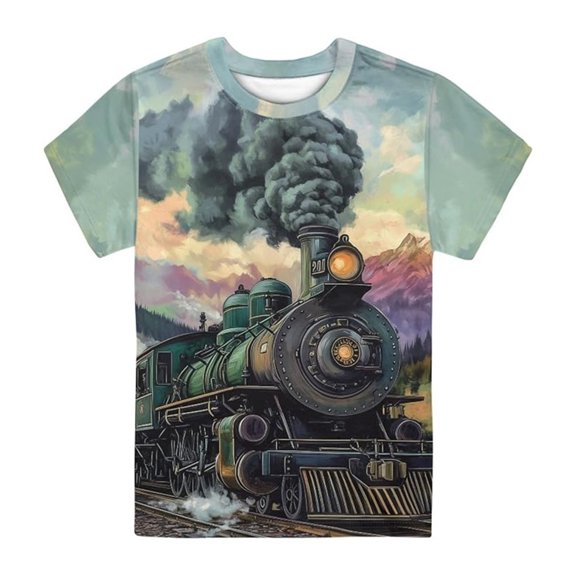 Kids Retro Steam Train Print T-Shirt Classic Locomotive Night Mountain Scene Graphic Crew Neck Short Sleeve Tee Summer Casual Outdoor Top for Boys(Army Green,5-6 Years)