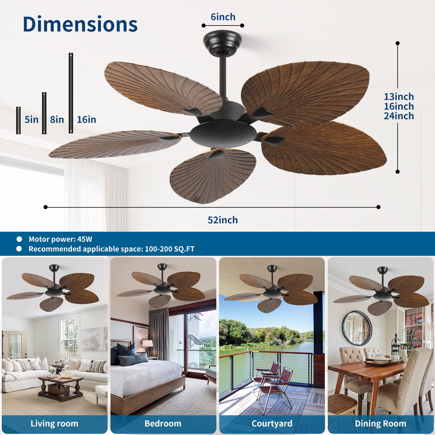 52 In Indoor/Outdoor Brown Retro Tropical 5-Palm Leaf Ceiling Fan, No Light, 6-Speed with Forward/Reverse