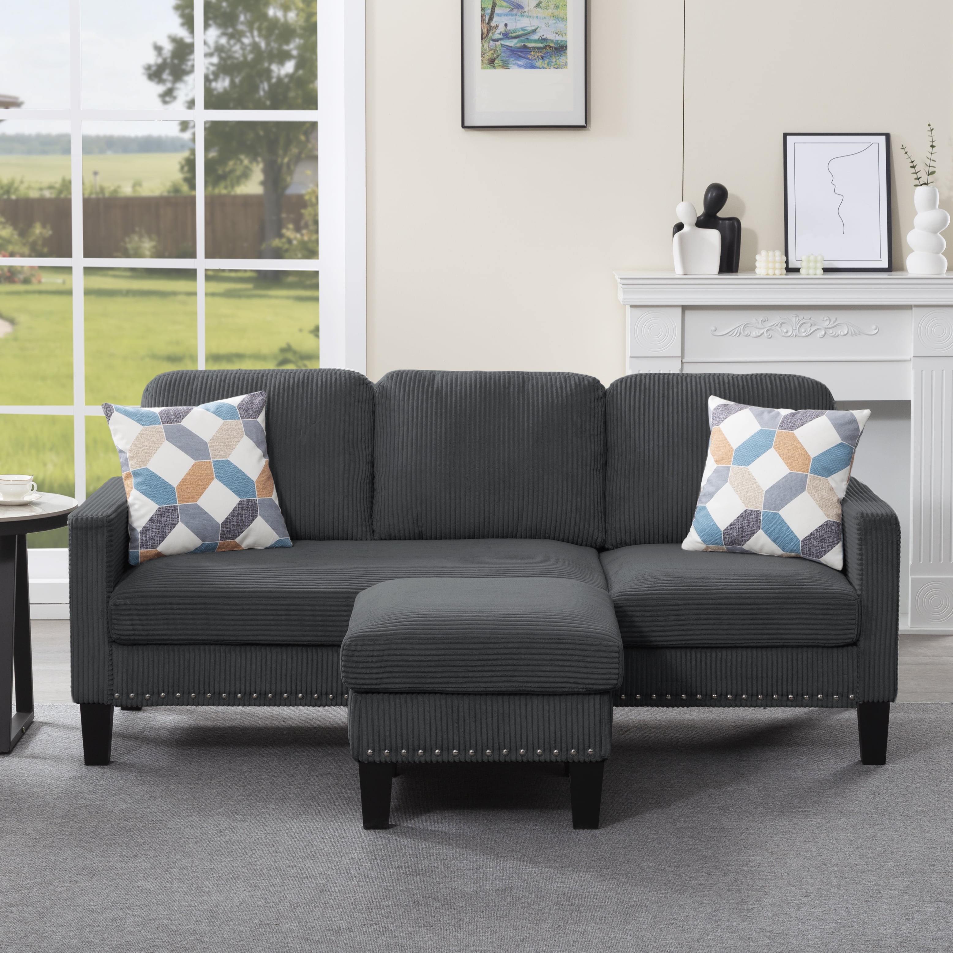 Gewnee 72.64"L-Shaped Sectional Sofa with Movable Ottoman,3-Seater Modern Reversible Chaise,Storage Pocket&Pillows,for Living Room,Office.Dark Grey