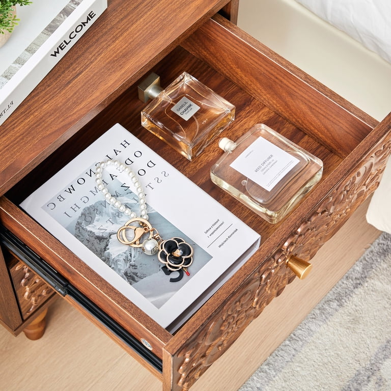 short dresser for end of bed Wirrytor Mid century Short Nightstand Set of 2 with 2 Drawers, Bedside Table 2 Drawer Dresser with Embossed Pattern, Storage End Table with Wooden