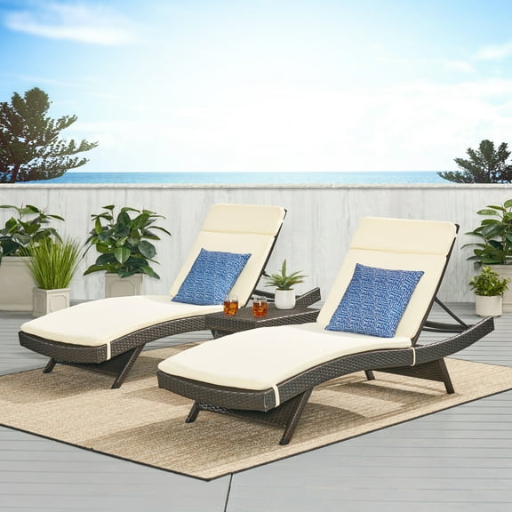 3 Piece Outdoor Brown Wicker Lounge with Beige Cushions Set