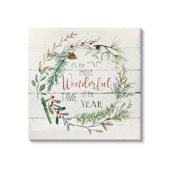 Stupell Industries Most Wonderful Time of Year Wreath Graphic Art Gallery Wrapped Canvas Print Wall Art, Design by Carol Robinson