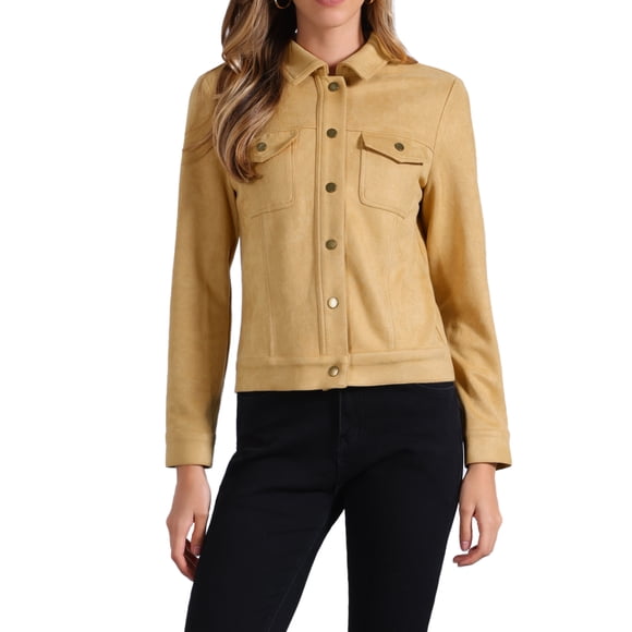 INSPIRE CHIC Women's Turn-Down Collar Flap Pockets Snap Button Faux Suede Jacket XS Light Yellow