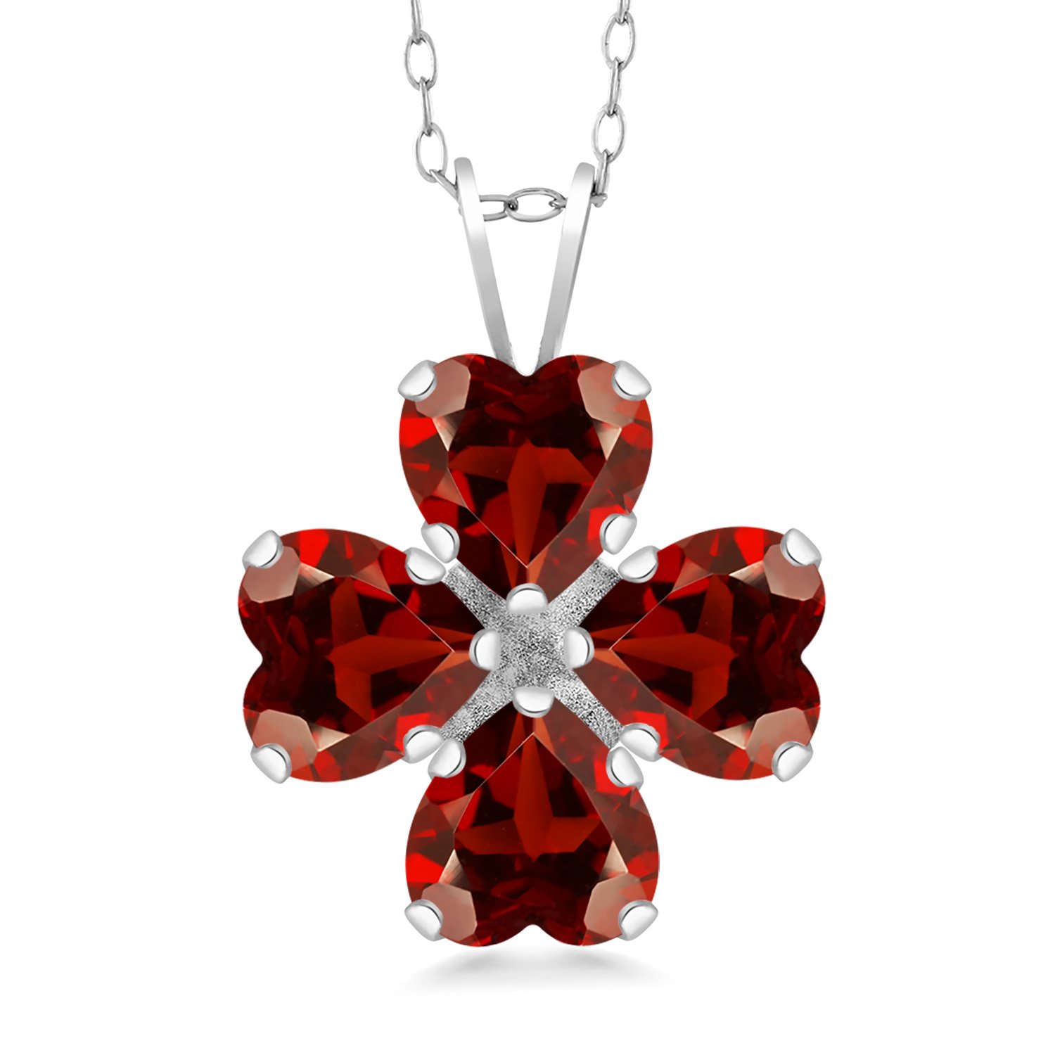 Gem Stone King 925 Sterling Silver Red Garnet 4 Heart Shape Gemstone January Birthstone Pendant Necklace for Women (3.60 Cttw, 6MM Heart, with 18 inch Silver Chain)
