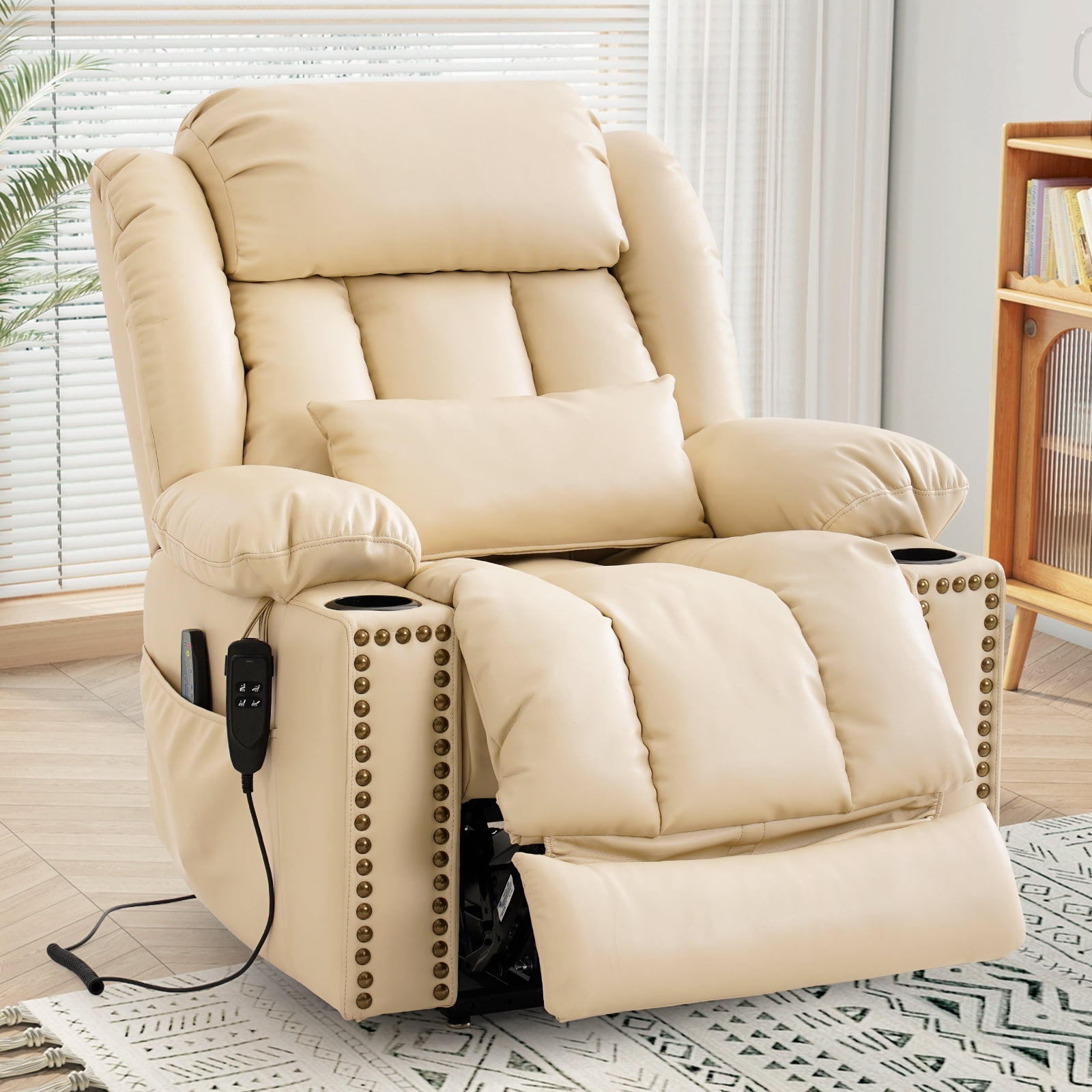 INGALIK Dual Motor Power Lift Recliner Chair, Infinite Position Lay Flat Recliners for Adult & Elderly with Heat & Massage, Cup Holder, Type-C Charge for Living Room, Leather (Beige)