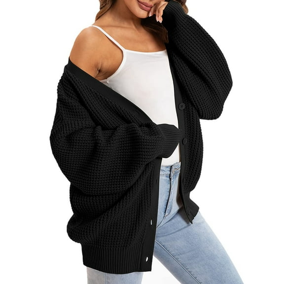 Women Chunky Knit Cardigan Long Sleeve V Neck Button Up with Pocket Sweater Coat for Fall and Winter Black S