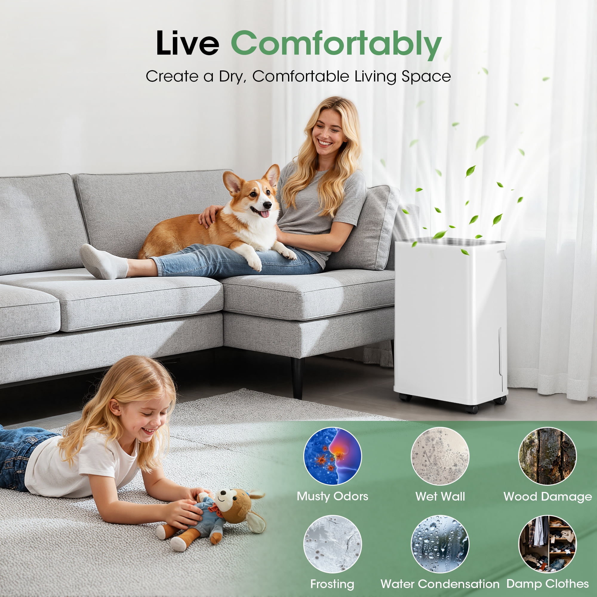 Patiosunny Smart Dehumidifier, Smart App WiFi Control, 24 H Timer, Auto-Defrost, Child Lock & Drain Hose Included, Ideal for Living Rooms, Bathrooms, Bedrooms, and Garages