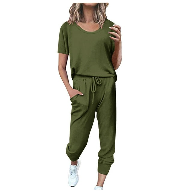 Yuyuzo Women's Two Piece Outfit Short Sleeve Pullover Top with Drawstring Long Pants Tracksuit Jogger Set