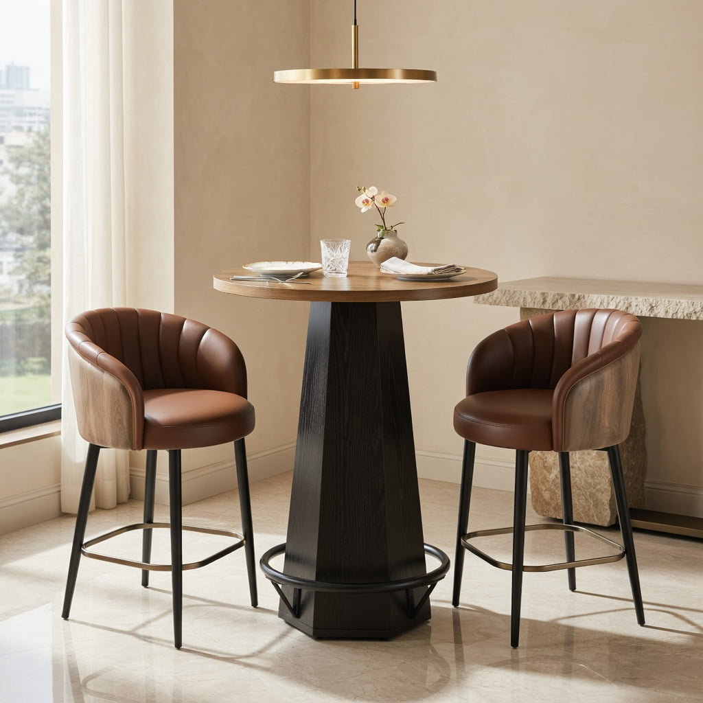 Hommoo 31.5 Inch Round Bar Table with Hexagonal Base & Metal Footrest, Industrial-Style Bistro Pub Cocktail Table for Home Bar, Cafe, or Kitchen Island, Black