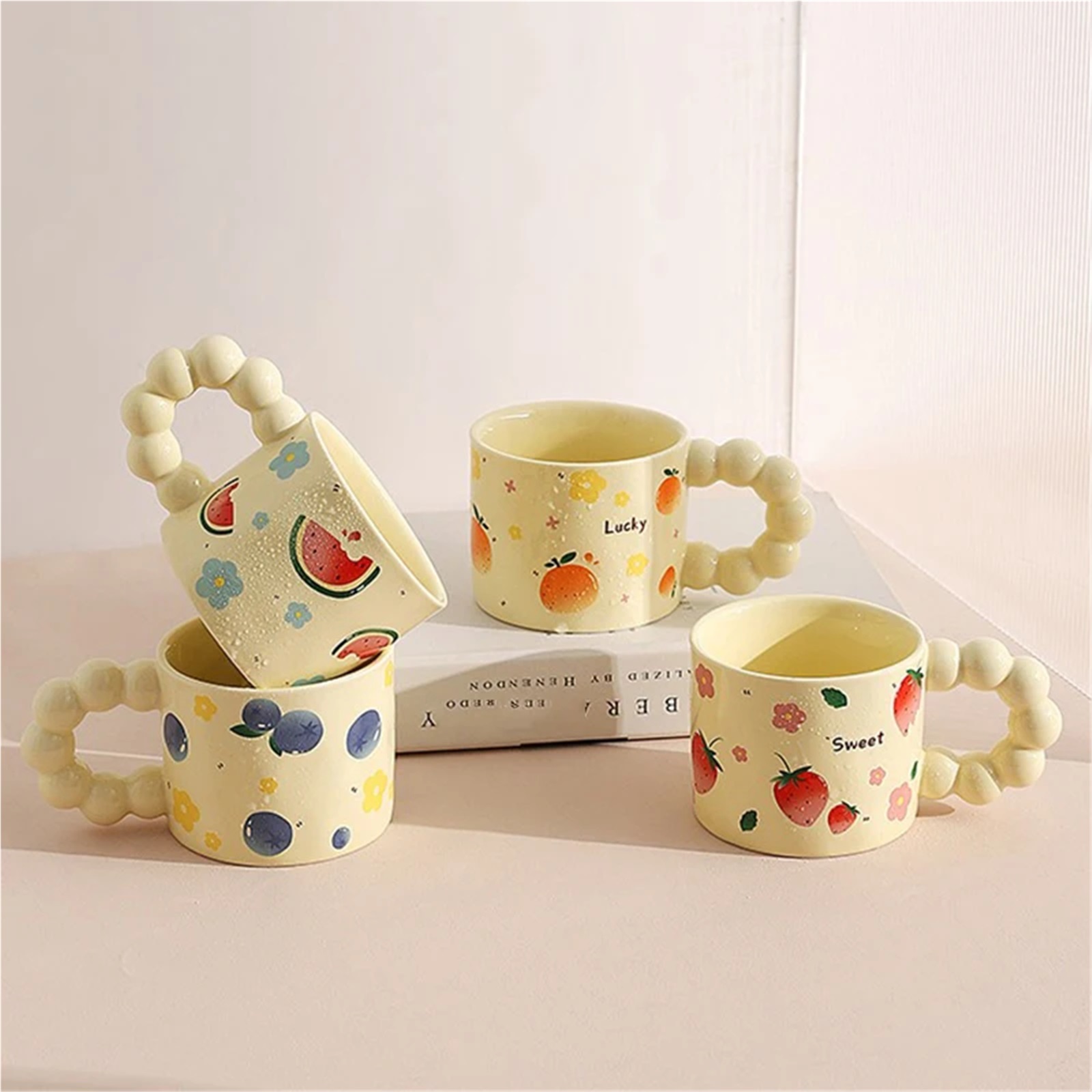 Espresso cup Ceramic Coffee Cup Water Mug Cute Fruit Pattern Milk Tea Cup With Anti-slip Handle Coffee Cup
