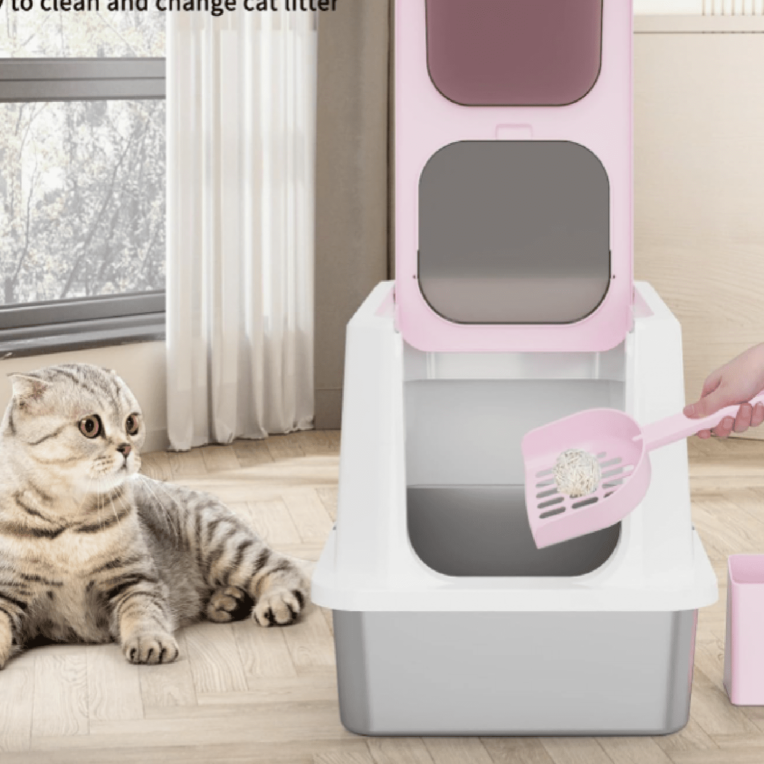 Enclosed Cat Litter Box: Pink Stainless Steel Odorless Litter Box with Top Holes - Anti Leakage - Large Litter Pan for Small to Large Sized Cats in Living Room Garage