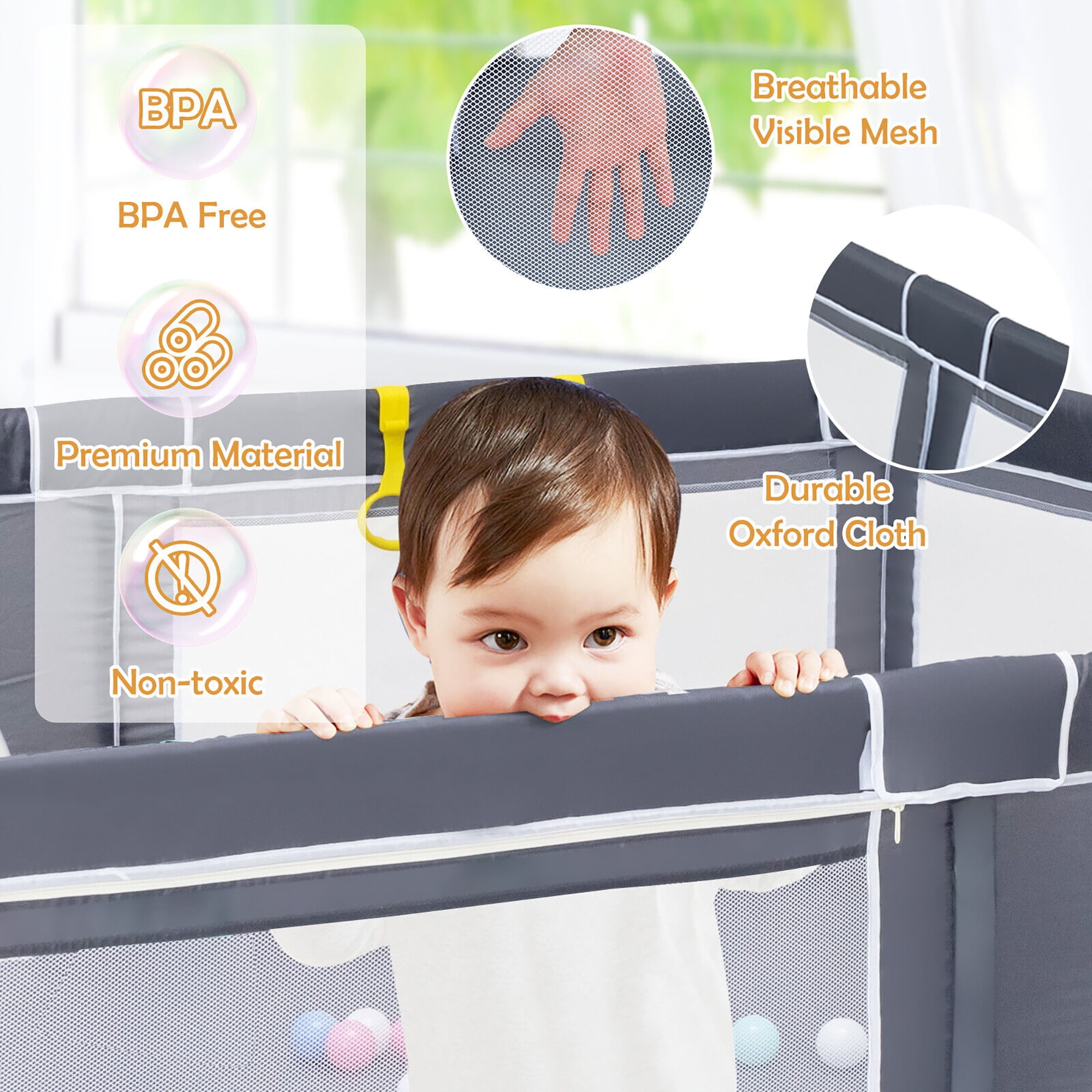 Gymax Extra Large Baby Playpen Safety Baby Play Yard w/ 50 Ocean Balls & 4 Handles Dark Grey